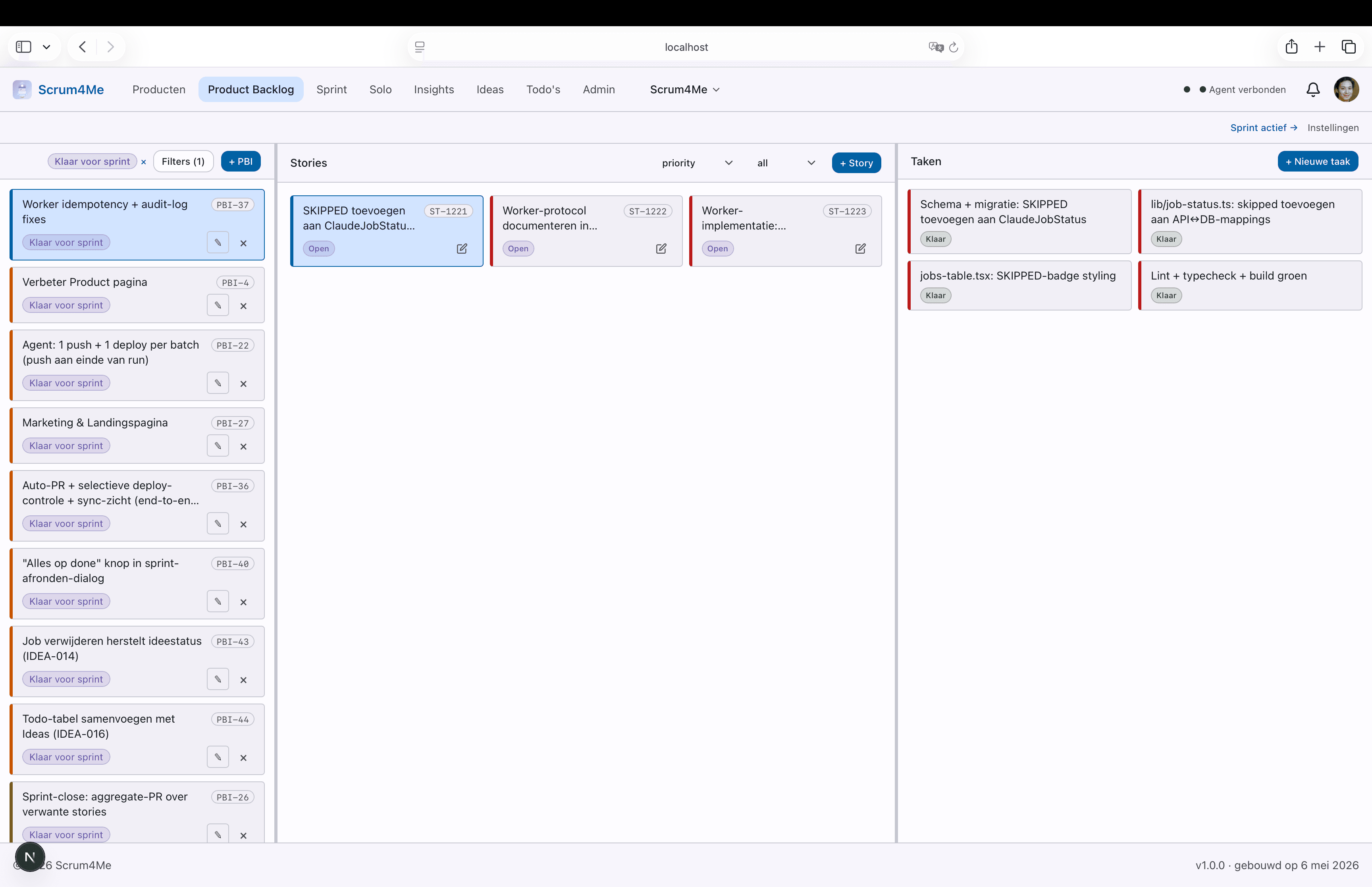 Product Backlog met PBIs gegroepeerd op prioriteit en stories per PBI